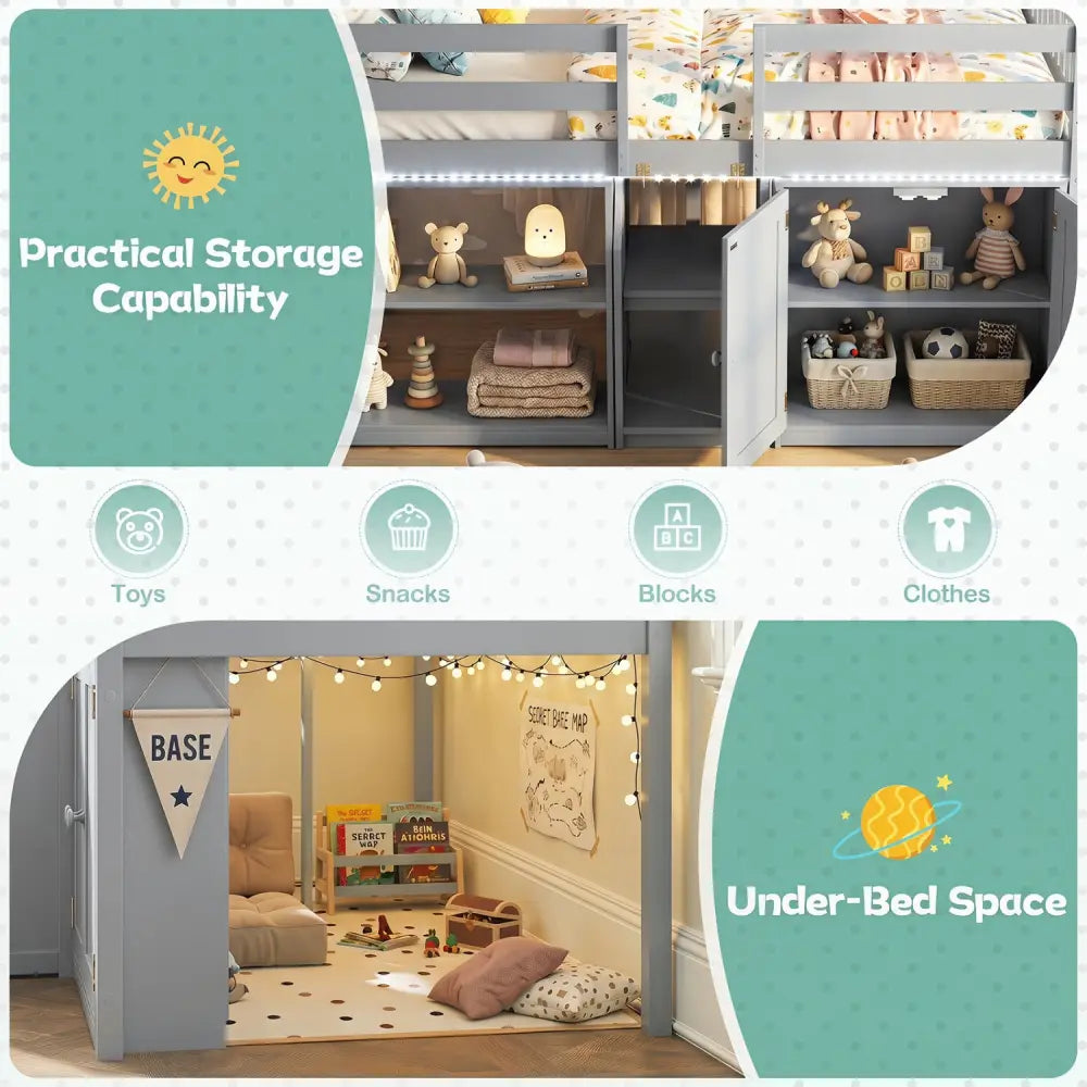 Twin Size Loft Bed with LED Lights and Kids Wooden Bed Frame-Gray - Gray - Bunk Bed Frame