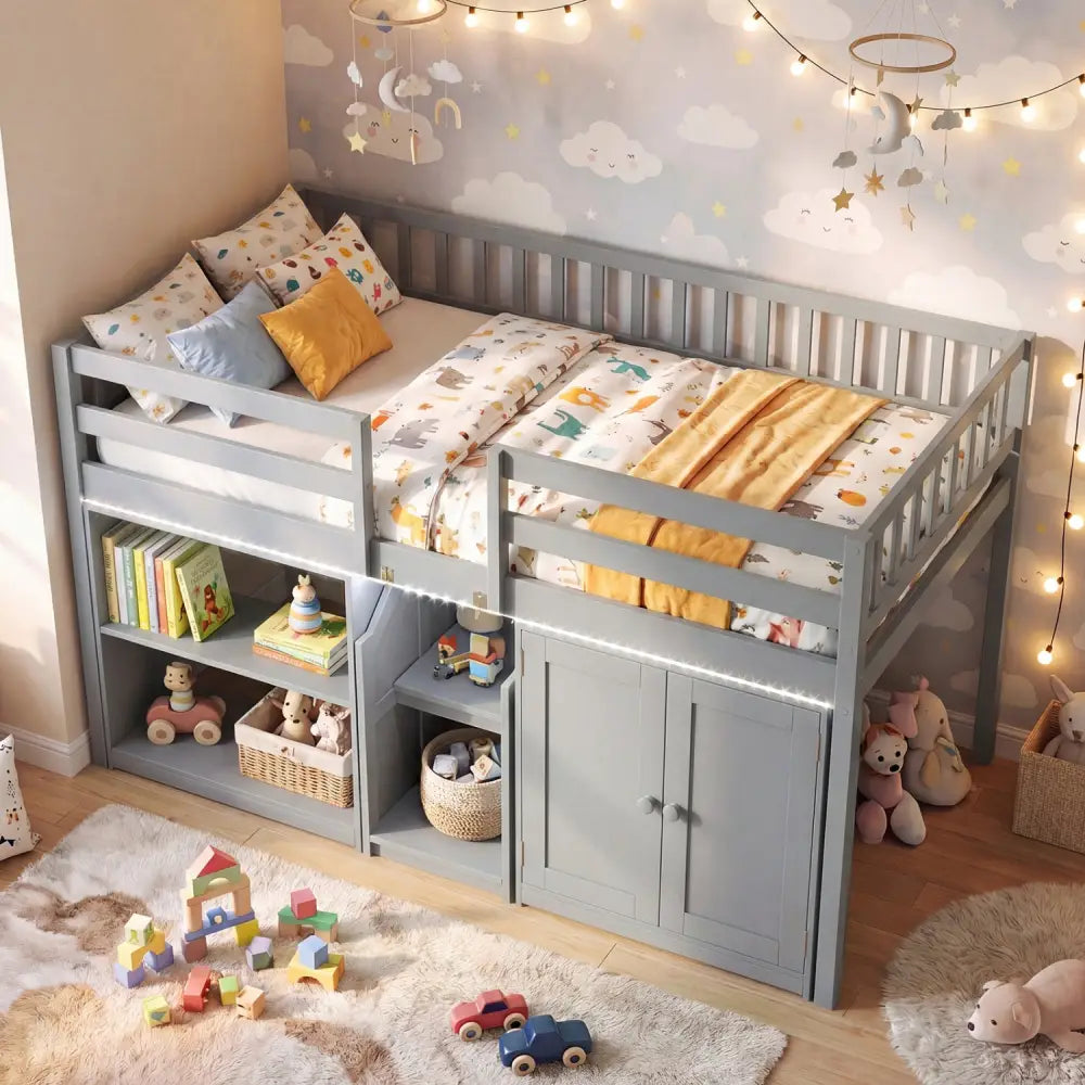 Twin Size Loft Bed with LED Lights and Kids Wooden Bed Frame-Gray - Gray - Bunk Bed Frame