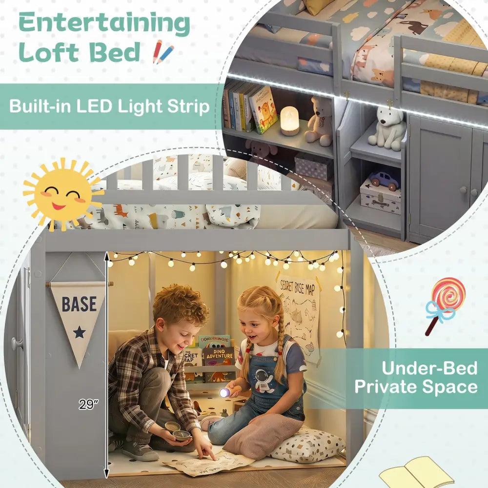 Twin Size Loft Bed with LED Lights and Kids Wooden Bed Frame-Gray - Gray - Bunk Bed Frame