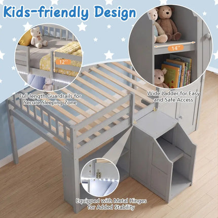 Twin Size Loft Bed with LED Lights and Kids Wooden Bed Frame-Gray - Gray - Bunk Bed Frame
