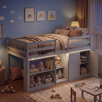 Twin Size Loft Bed with LED Lights and Kids Wooden Bed Frame-Gray - Gray - Bunk Bed Frame