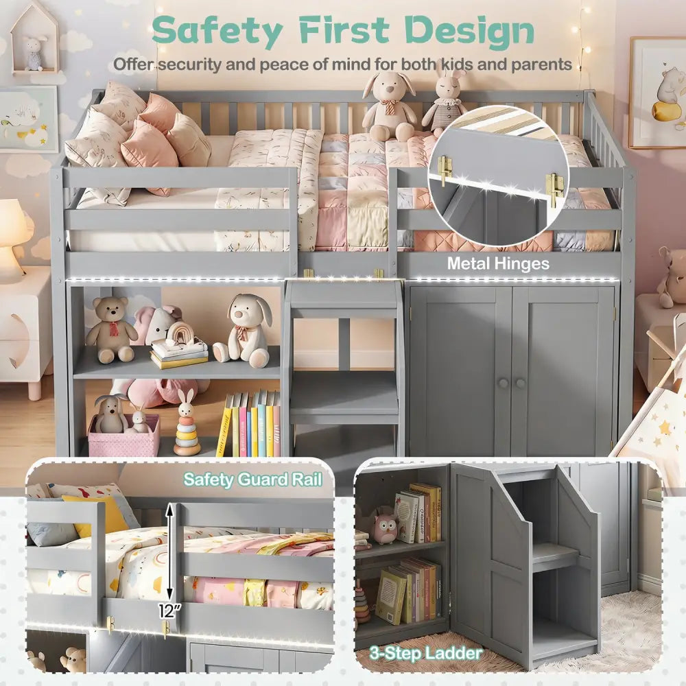 Twin Size Loft Bed with LED Lights and Kids Wooden Bed Frame-Gray - Gray - Bunk Bed Frame