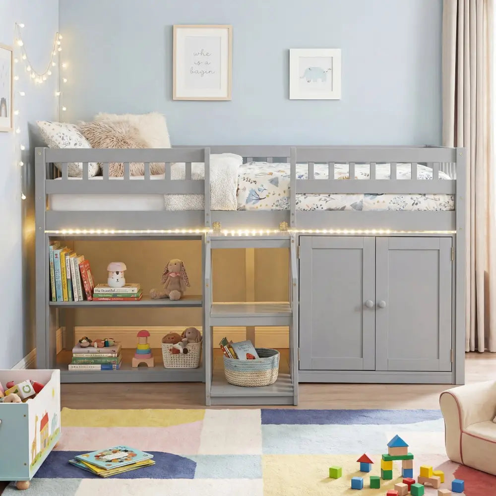 Twin Size Loft Bed with LED Lights and Kids Wooden Bed Frame-Gray - Gray - Bunk Bed Frame