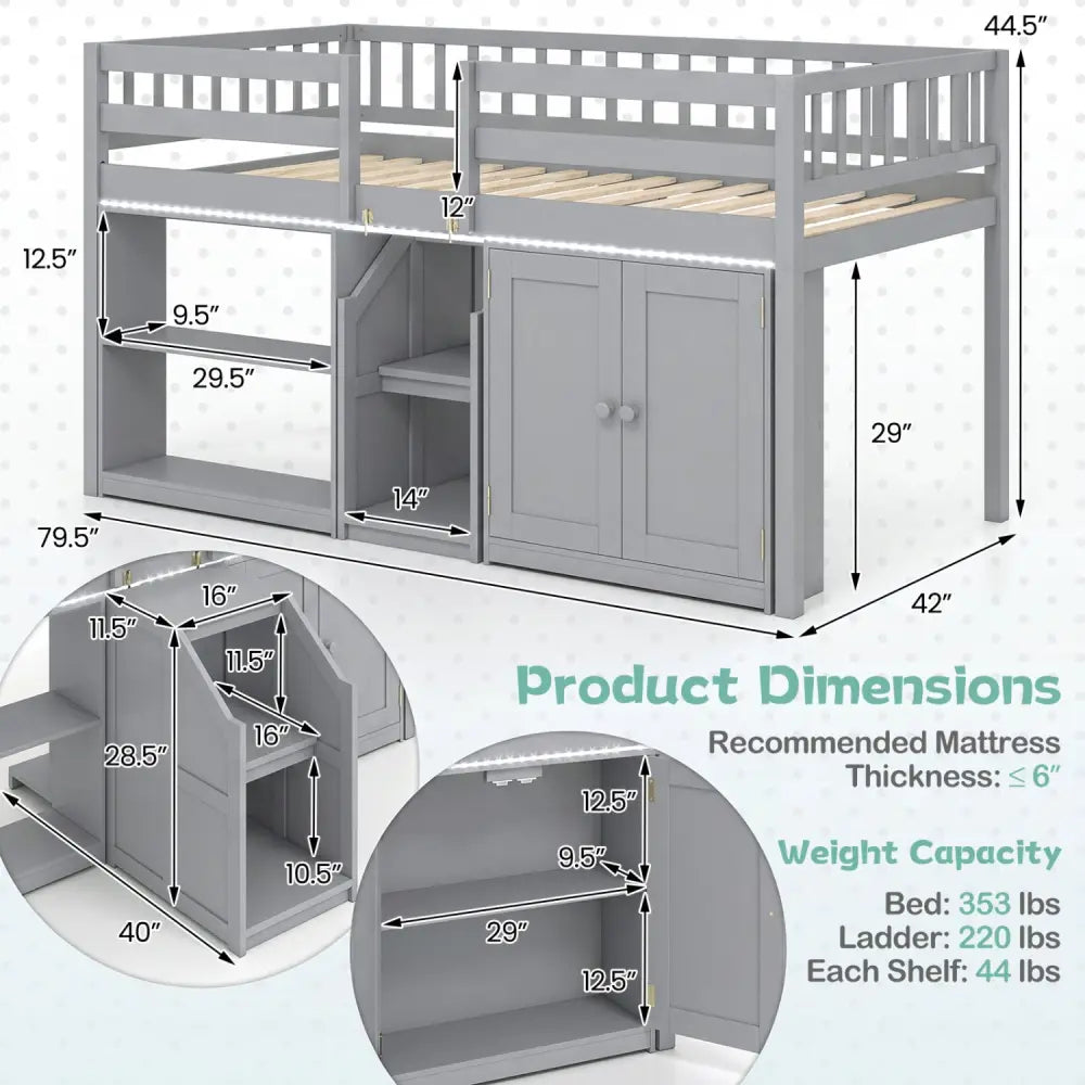 Twin Size Loft Bed with LED Lights and Kids Wooden Bed Frame-Gray - Gray - Bunk Bed Frame