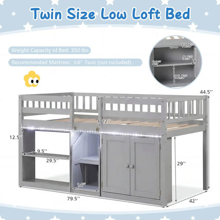 Twin Size Loft Bed with LED Lights and Kids Wooden Bed Frame-Gray - Gray - Bunk Bed Frame