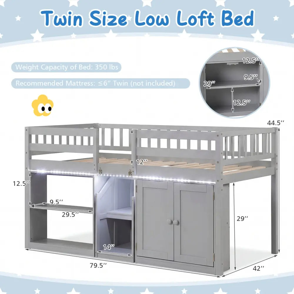 Twin Size Loft Bed with LED Lights and Kids Wooden Bed Frame-Gray - Gray - Bunk Bed Frame