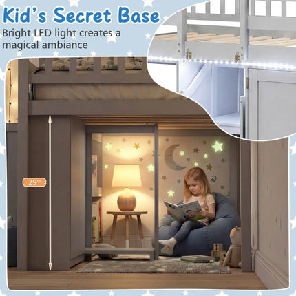Twin Size Loft Bed with LED Lights and Kids Wooden Bed Frame-Gray - Gray - Bunk Bed Frame