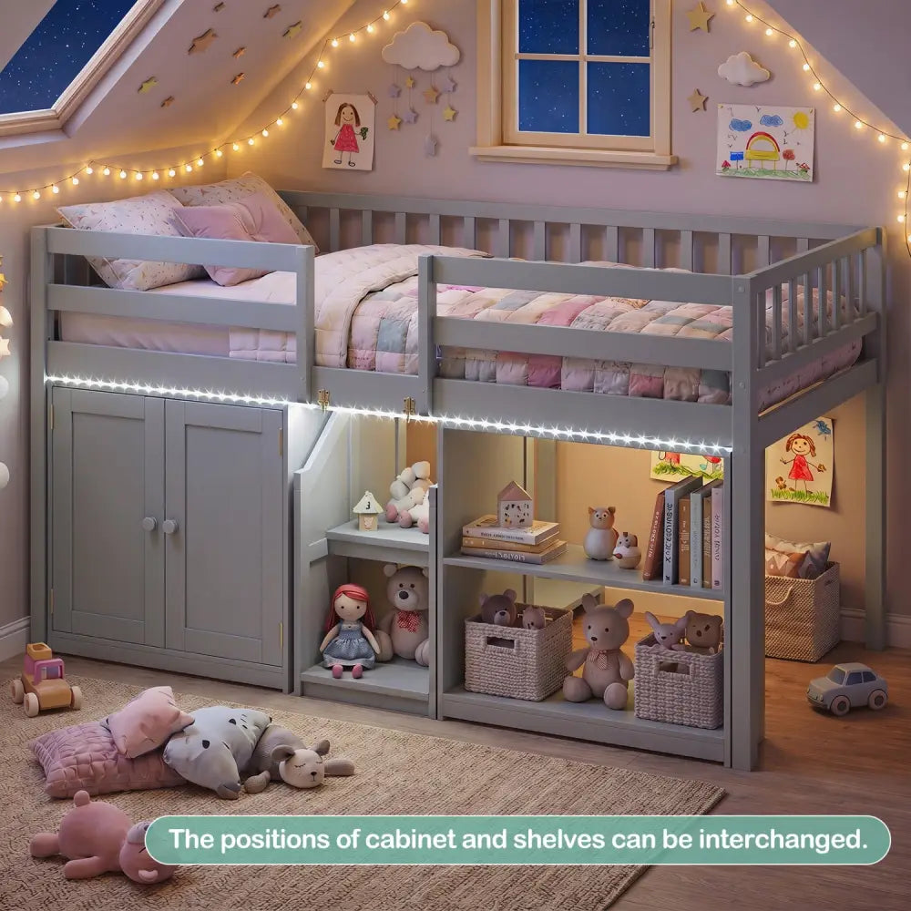 Twin Size Loft Bed with LED Lights and Kids Wooden Bed Frame-Gray - Gray - Bunk Bed Frame