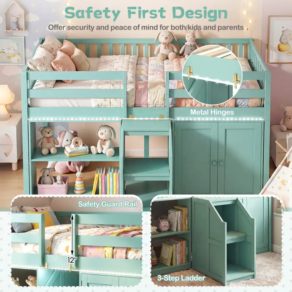 Twin Size Loft Bed with LED Lights and Kids Wooden Bed Frame-Green - Green - Bunk Bed Frame