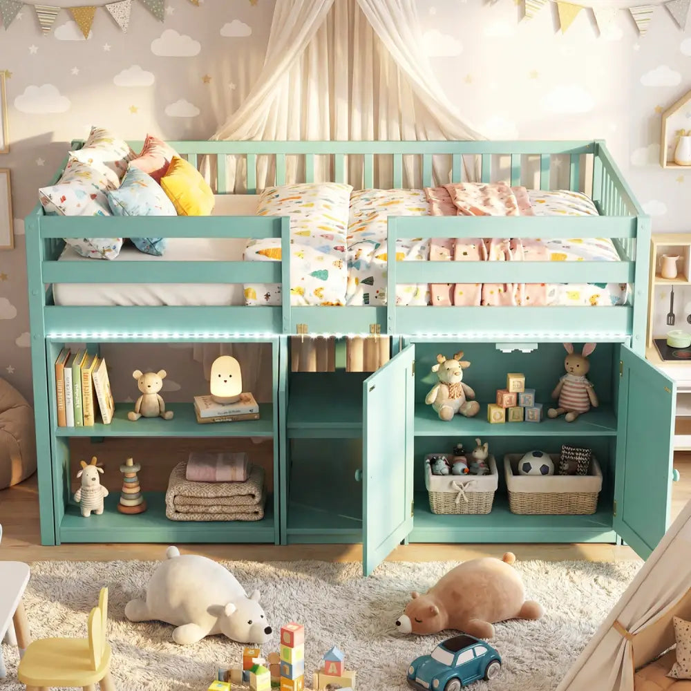 Twin Size Loft Bed with LED Lights and Kids Wooden Bed Frame-Green - Green - Bunk Bed Frame