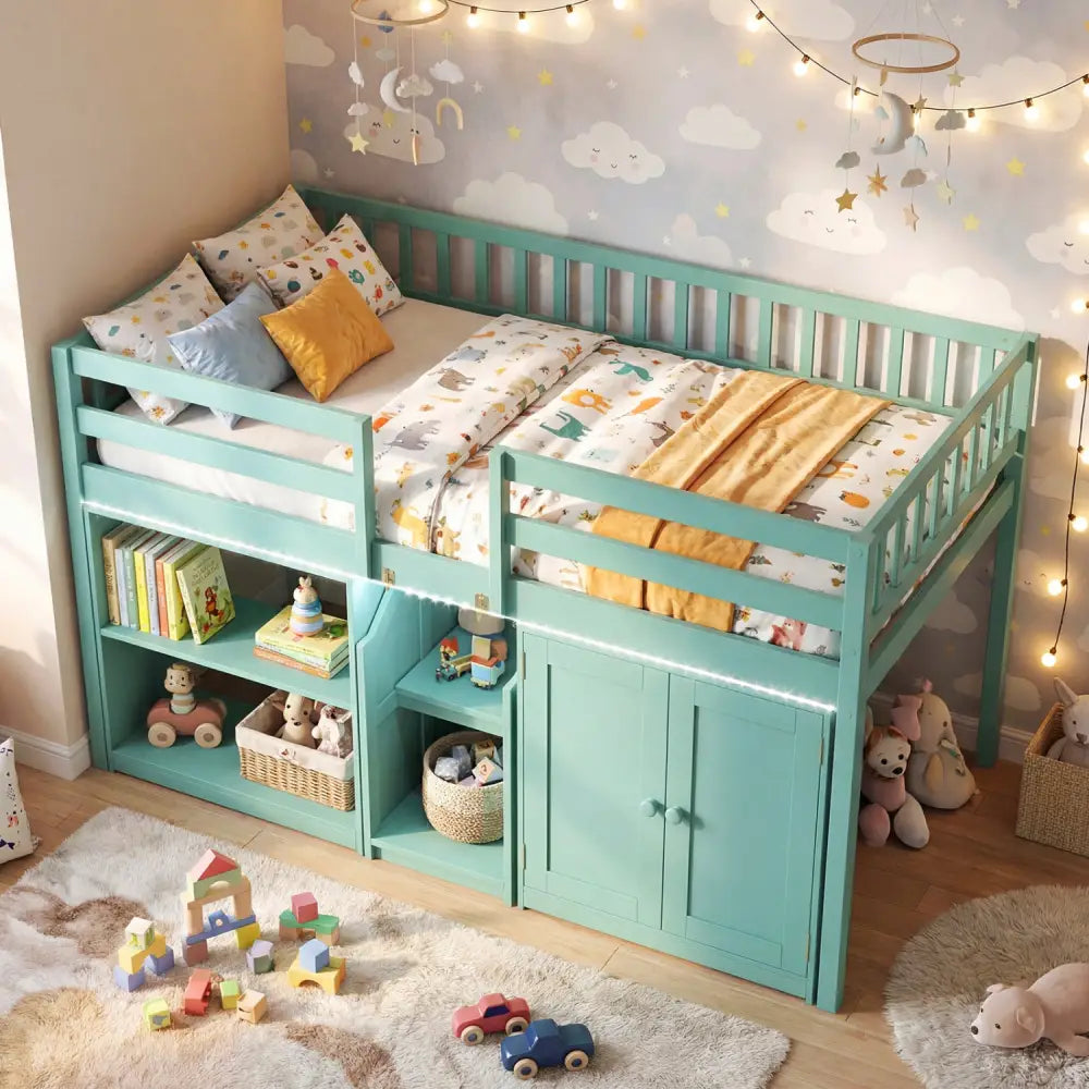 Twin Size Loft Bed with LED Lights and Kids Wooden Bed Frame-Green - Green - Bunk Bed Frame
