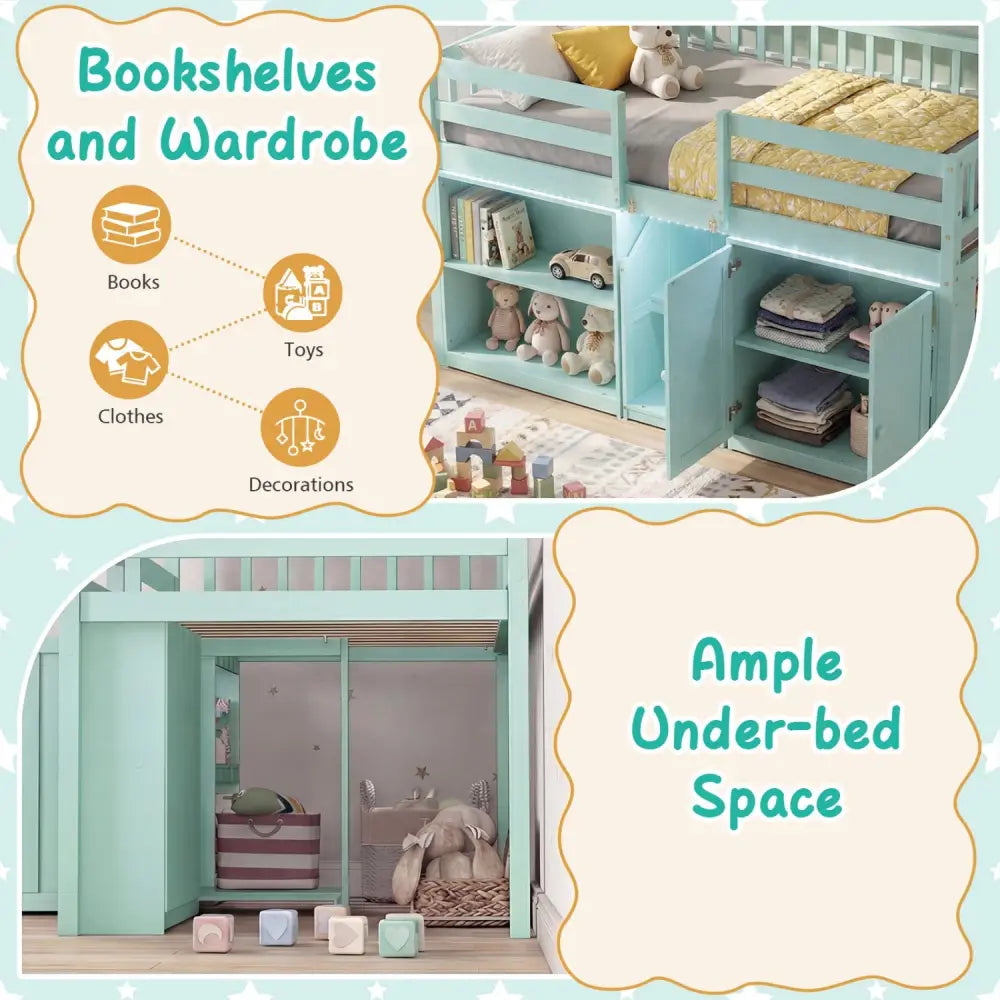 Twin Size Loft Bed with LED Lights and Kids Wooden Bed Frame-Green - Green - Bunk Bed Frame
