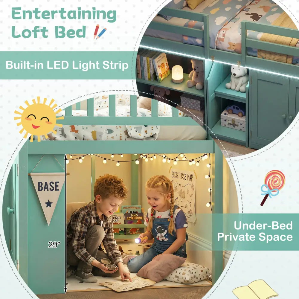 Twin Size Loft Bed with LED Lights and Kids Wooden Bed Frame-Green - Green - Bunk Bed Frame