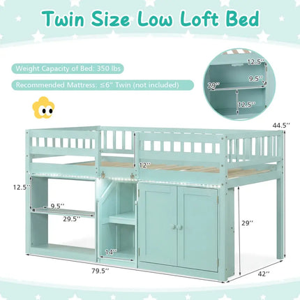 Twin Size Loft Bed with LED Lights and Kids Wooden Bed Frame-Green - Green - Bunk Bed Frame
