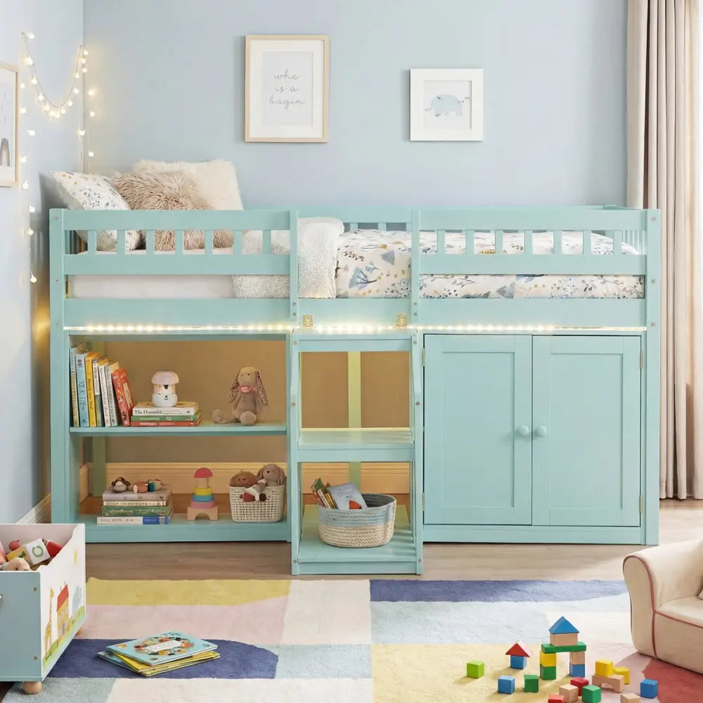 Twin Size Loft Bed with LED Lights and Kids Wooden Bed Frame-Green - Green - Bunk Bed Frame