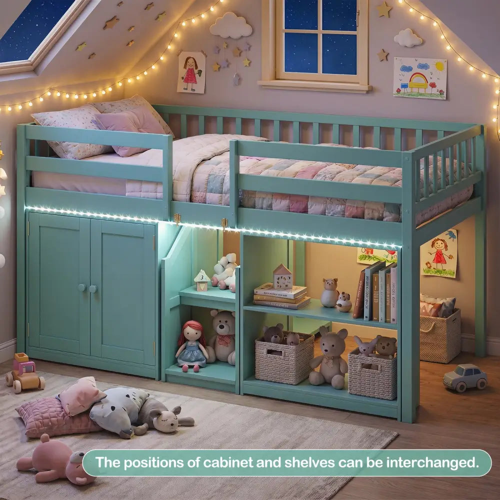 Twin Size Loft Bed with LED Lights and Kids Wooden Bed Frame-Green - Green - Bunk Bed Frame