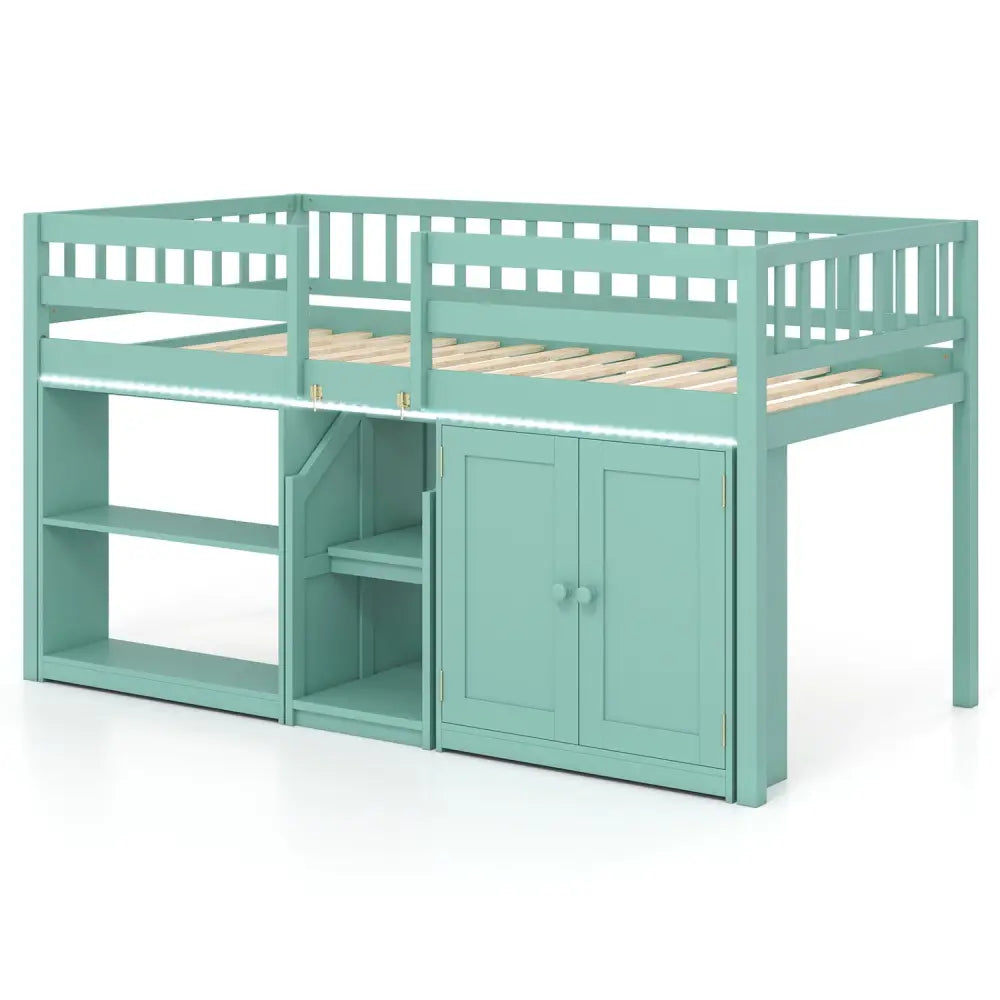 Twin Size Loft Bed with LED Lights and Kids Wooden Bed Frame-Green - Green - Bunk Bed Frame