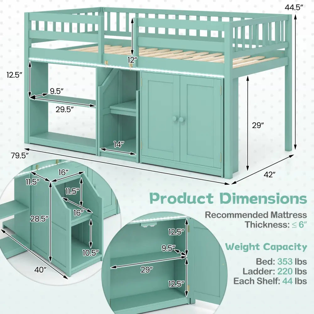 Twin Size Loft Bed with LED Lights and Kids Wooden Bed Frame-Green - Green - Bunk Bed Frame