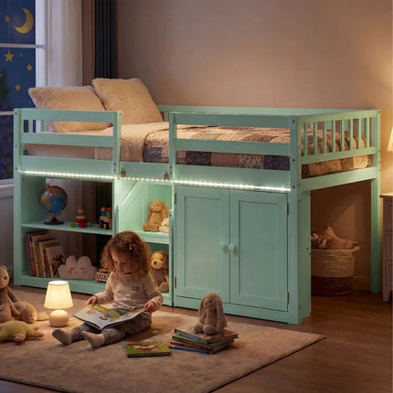 Twin Size Loft Bed with LED Lights and Kids Wooden Bed Frame-Green - Green - Bunk Bed Frame