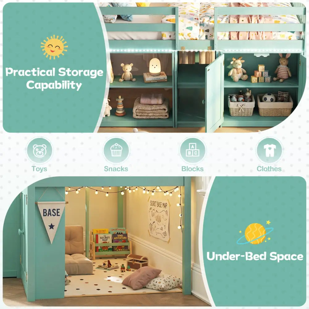 Twin Size Loft Bed with LED Lights and Kids Wooden Bed Frame-Green - Green - Bunk Bed Frame