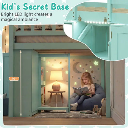 Twin Size Loft Bed with LED Lights and Kids Wooden Bed Frame-Green - Green - Bunk Bed Frame