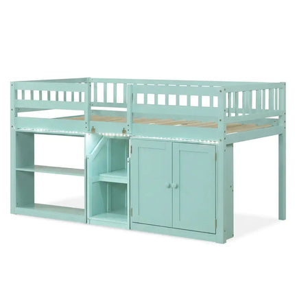 Twin Size Loft Bed with LED Lights and Kids Wooden Bed Frame-Green - Green - Bunk Bed Frame
