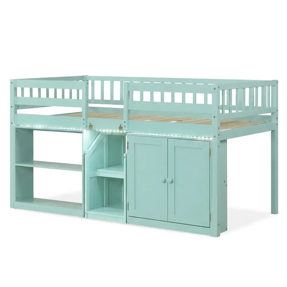 Twin Size Loft Bed with LED Lights and Kids Wooden Bed Frame-Green - Green - Bunk Bed Frame