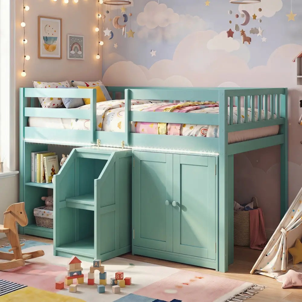 Twin Size Loft Bed with LED Lights and Kids Wooden Bed Frame-Green - Green - Bunk Bed Frame
