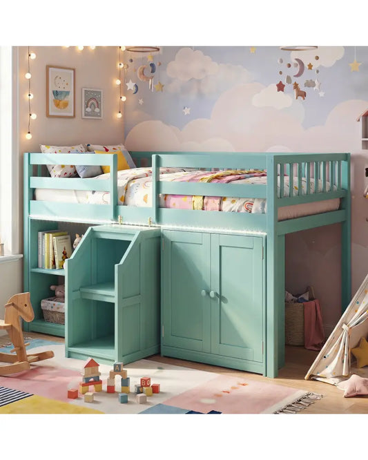 Twin Size Loft Bed with LED Lights and Kids Wooden Bed Frame-Green - Green - Bunk Bed Frame