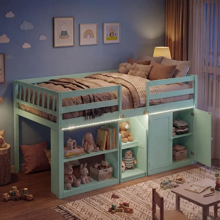 Twin Size Loft Bed with LED Lights and Kids Wooden Bed Frame-Green - Green - Bunk Bed Frame
