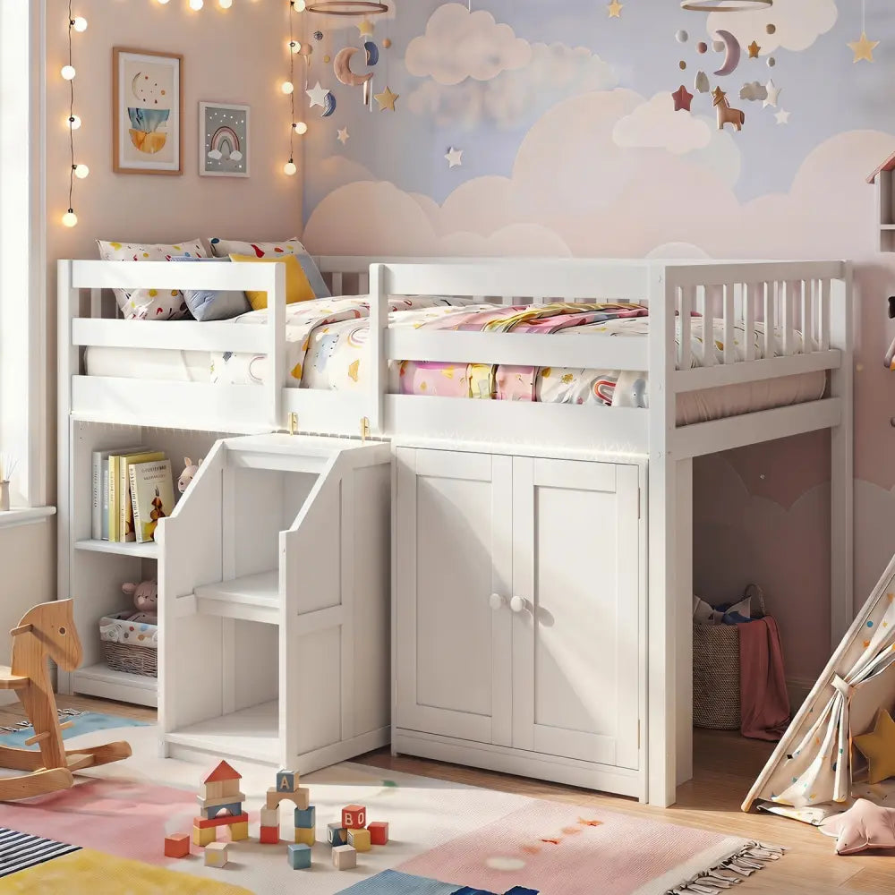 Twin Size Loft Bed with LED Lights and Kids Wooden Bed Frame-White - White - Bunk Bed Frame