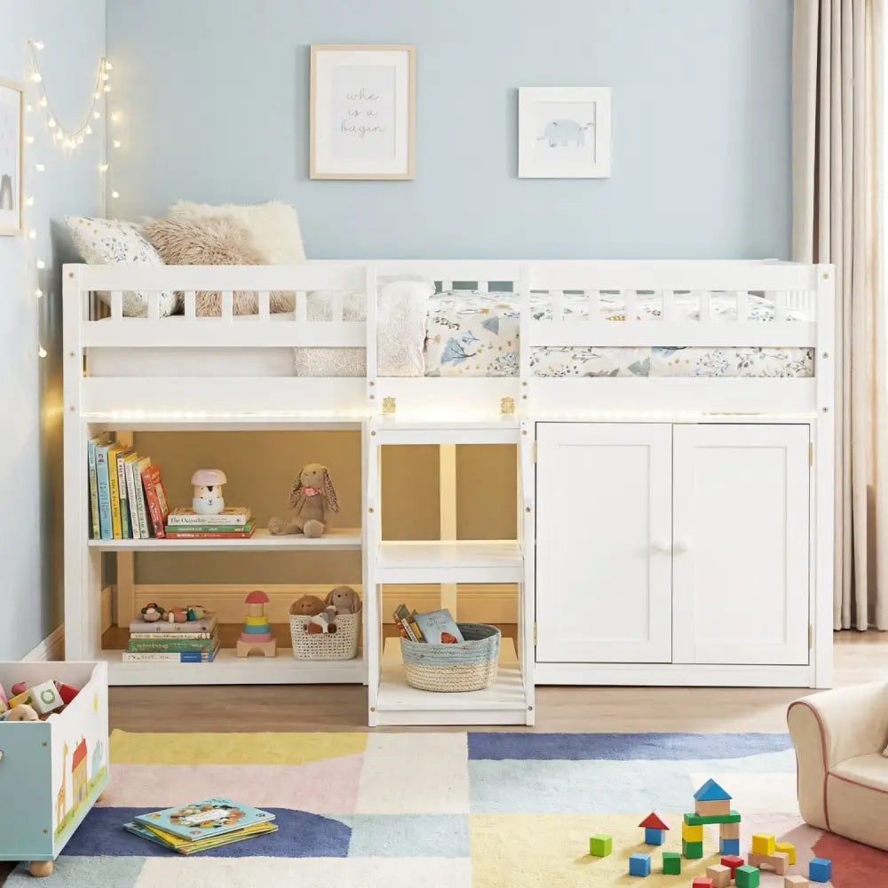 Twin Size Loft Bed with LED Lights and Kids Wooden Bed Frame-White - White - Bunk Bed Frame