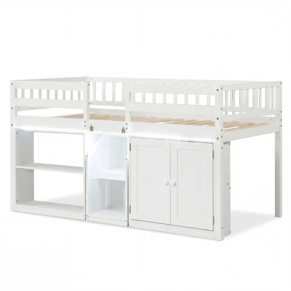 Twin Size Loft Bed with LED Lights and Kids Wooden Bed Frame-White - White - Bunk Bed Frame