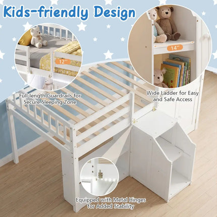 Twin Size Loft Bed with LED Lights and Kids Wooden Bed Frame-White - White - Bunk Bed Frame