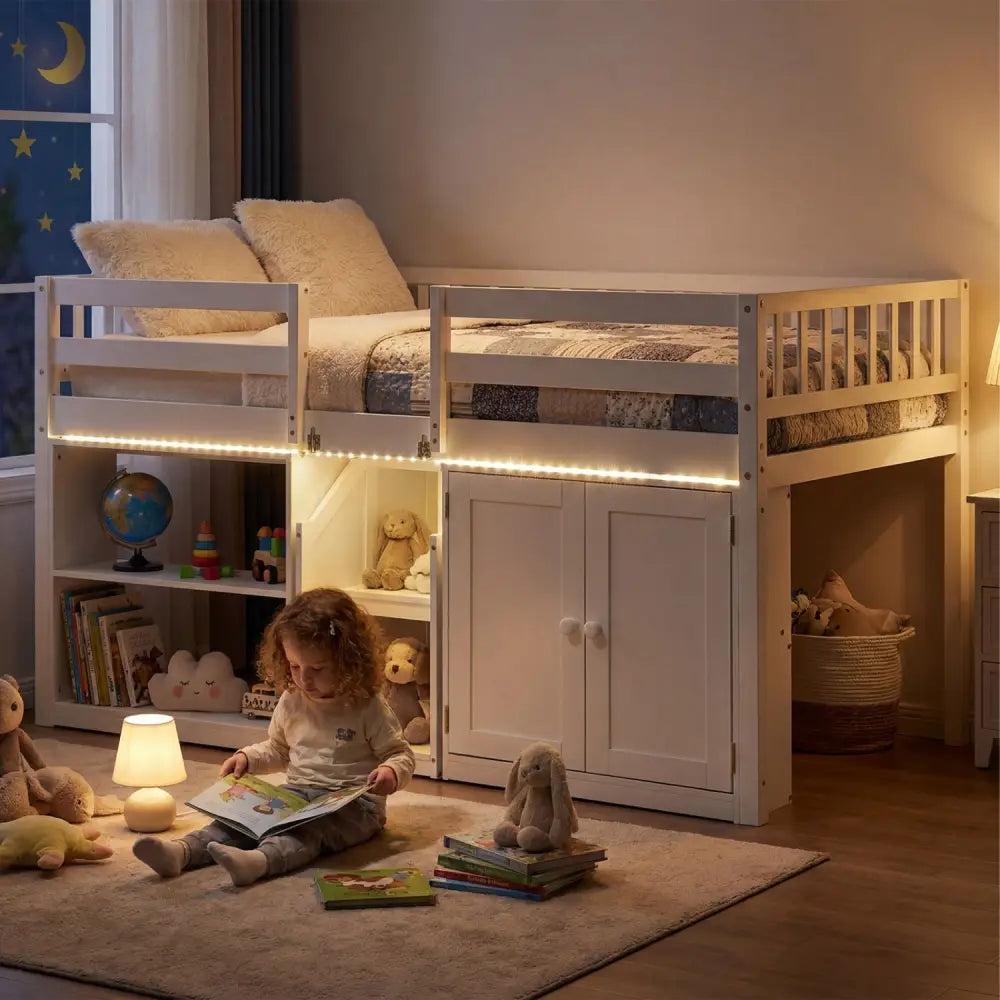 Twin Size Loft Bed with LED Lights and Kids Wooden Bed Frame-White - White - Bunk Bed Frame