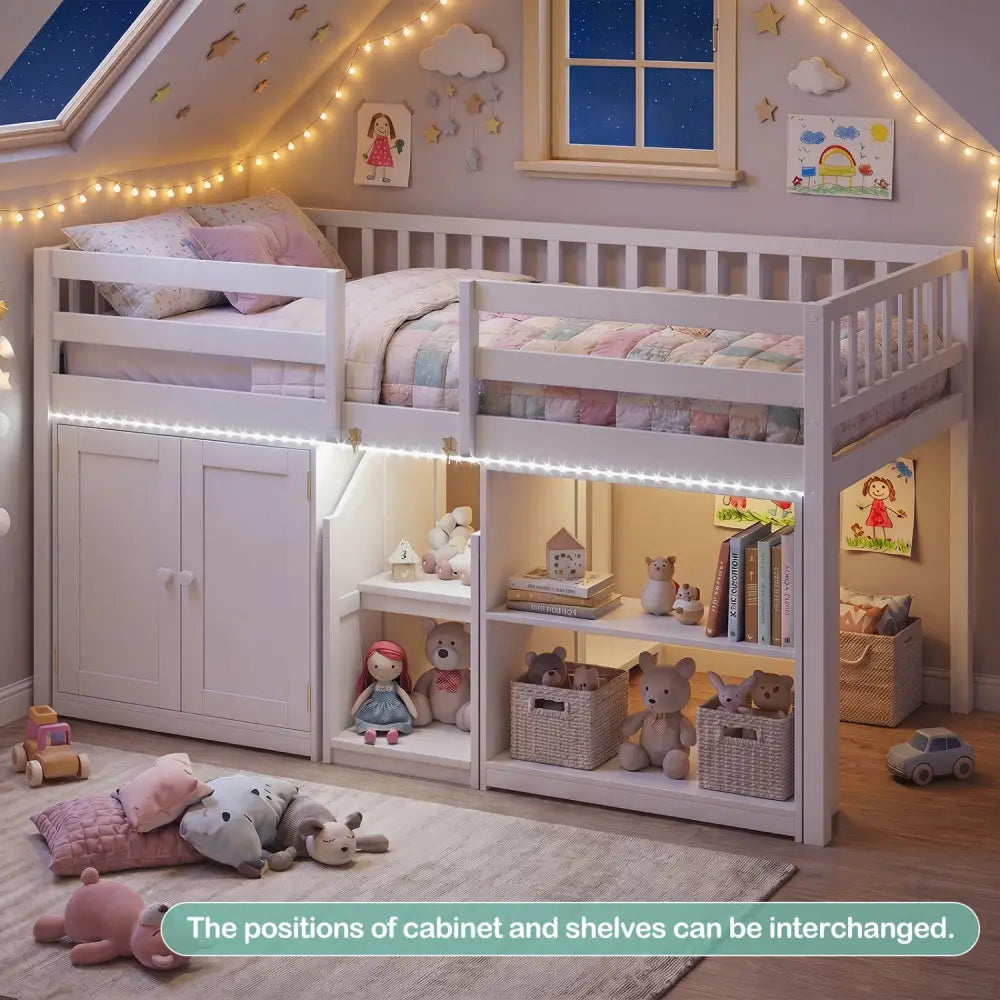 Twin Size Loft Bed with LED Lights and Kids Wooden Bed Frame-White - White - Bunk Bed Frame