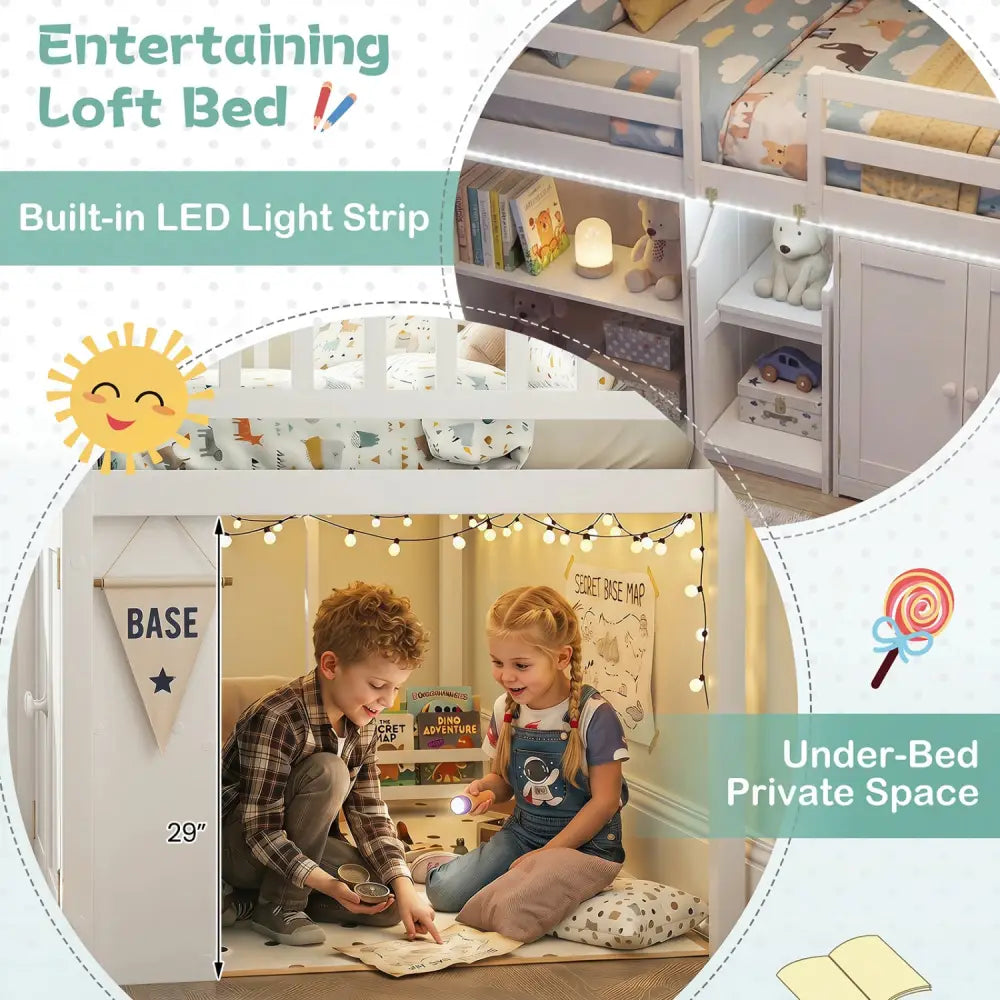 Twin Size Loft Bed with LED Lights and Kids Wooden Bed Frame-White - White - Bunk Bed Frame