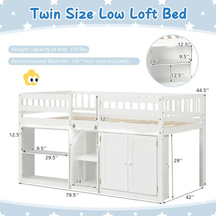 Twin Size Loft Bed with LED Lights and Kids Wooden Bed Frame-White - White - Bunk Bed Frame