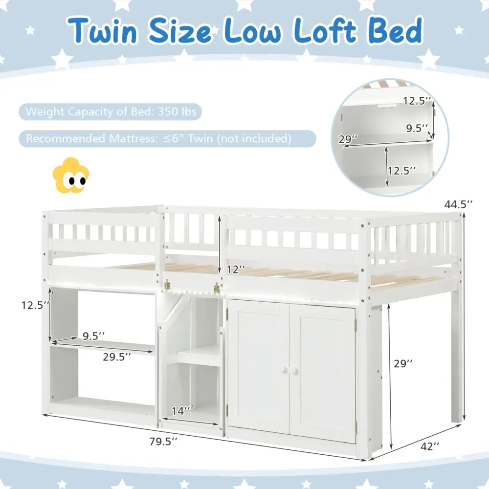 Twin Size Loft Bed with LED Lights and Kids Wooden Bed Frame-White - White - Bunk Bed Frame
