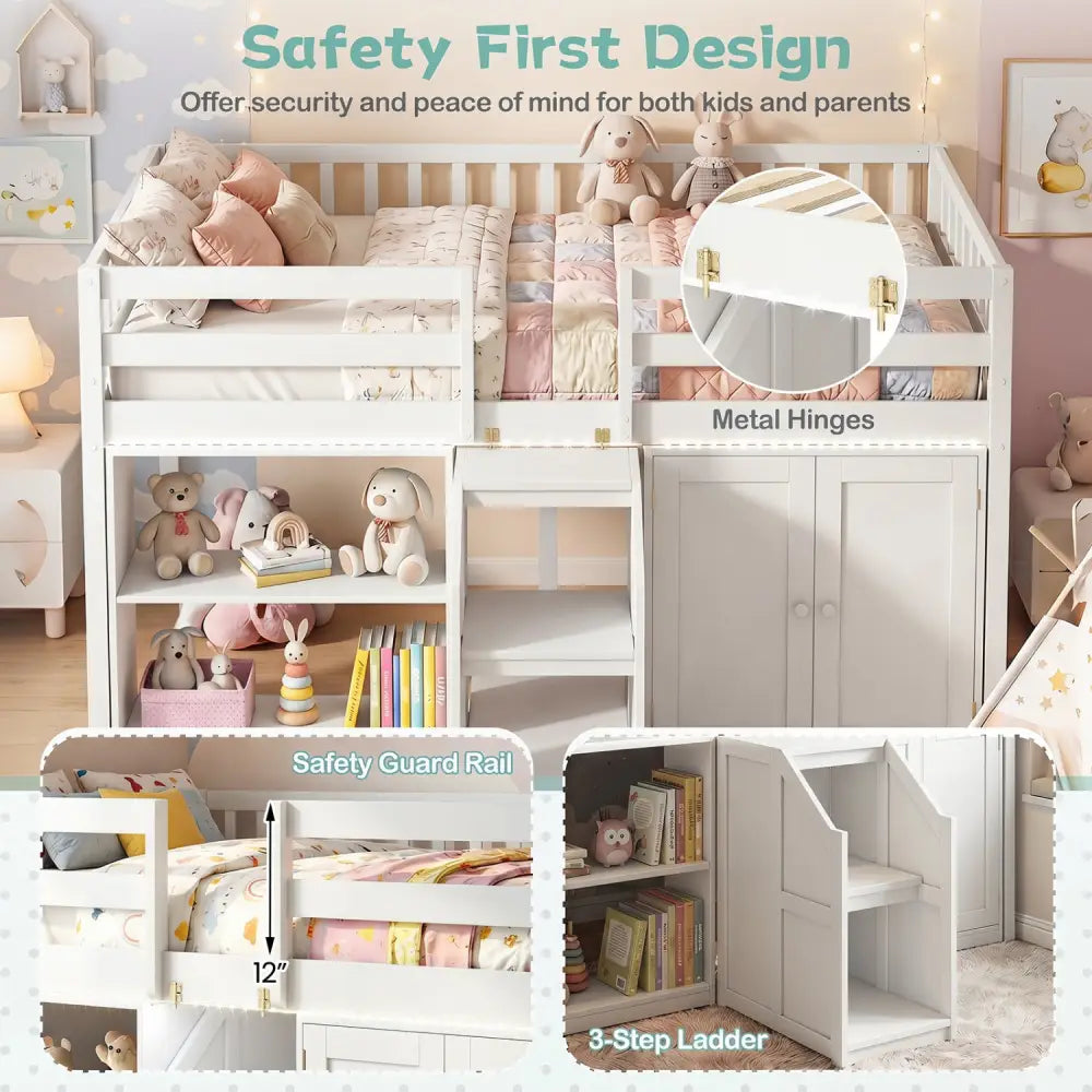Twin Size Loft Bed with LED Lights and Kids Wooden Bed Frame-White - White - Bunk Bed Frame