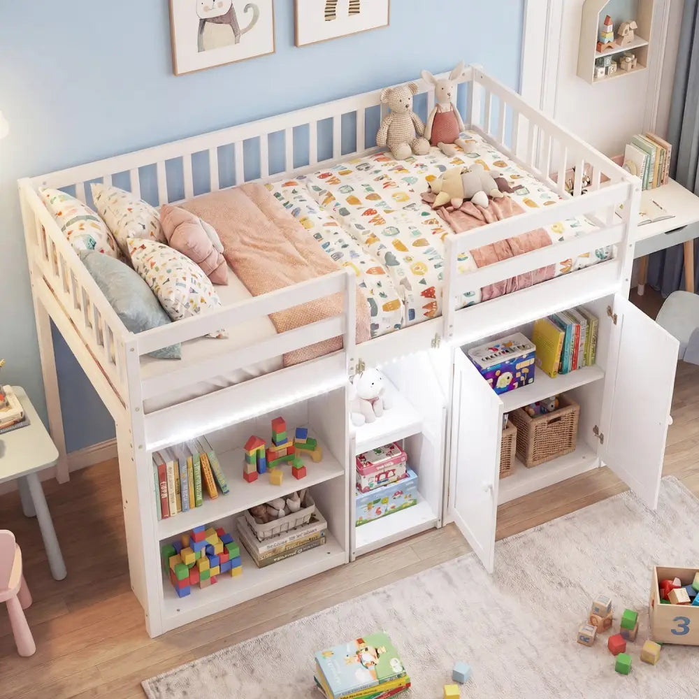 Twin Size Loft Bed with LED Lights and Kids Wooden Bed Frame-White - White - Bunk Bed Frame