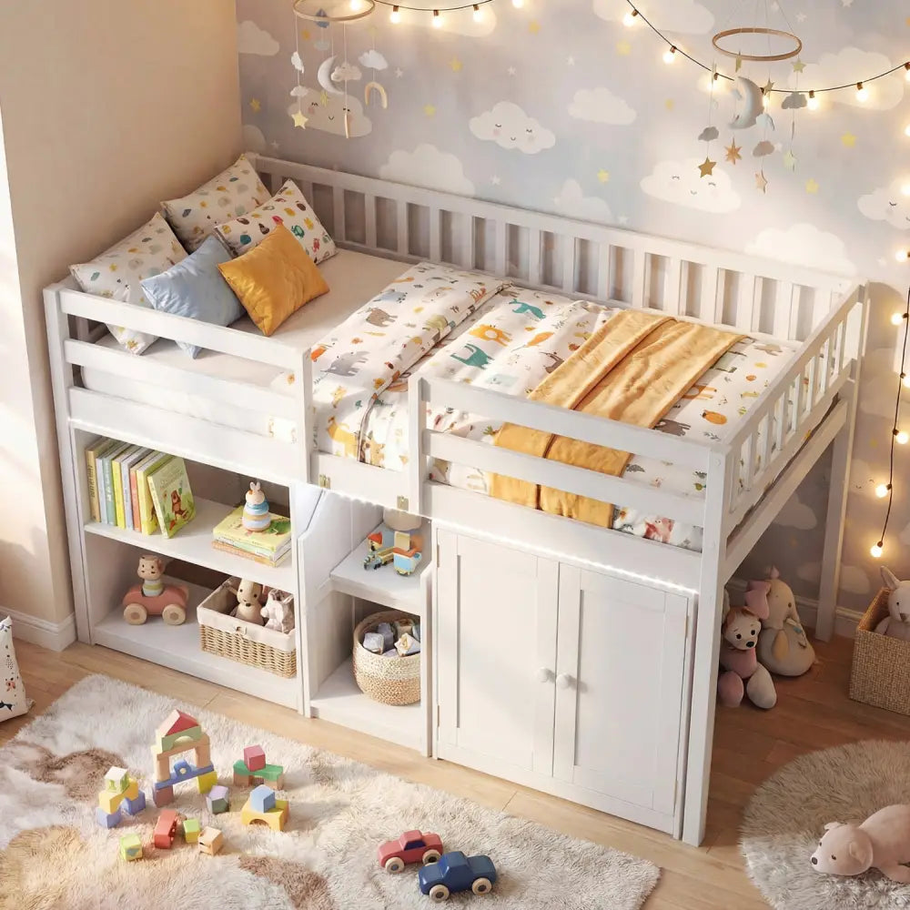 Twin Size Loft Bed with LED Lights and Kids Wooden Bed Frame-White - White - Bunk Bed Frame