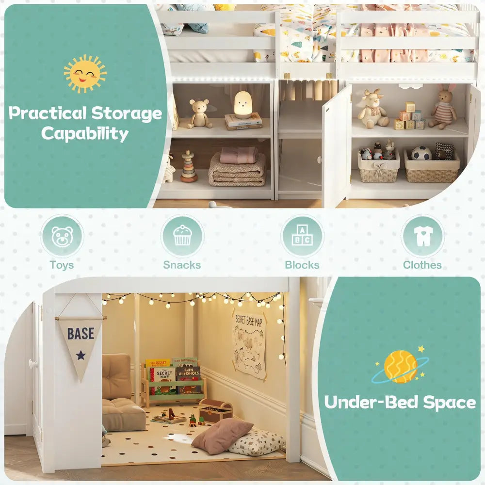 Twin Size Loft Bed with LED Lights and Kids Wooden Bed Frame-White - White - Bunk Bed Frame