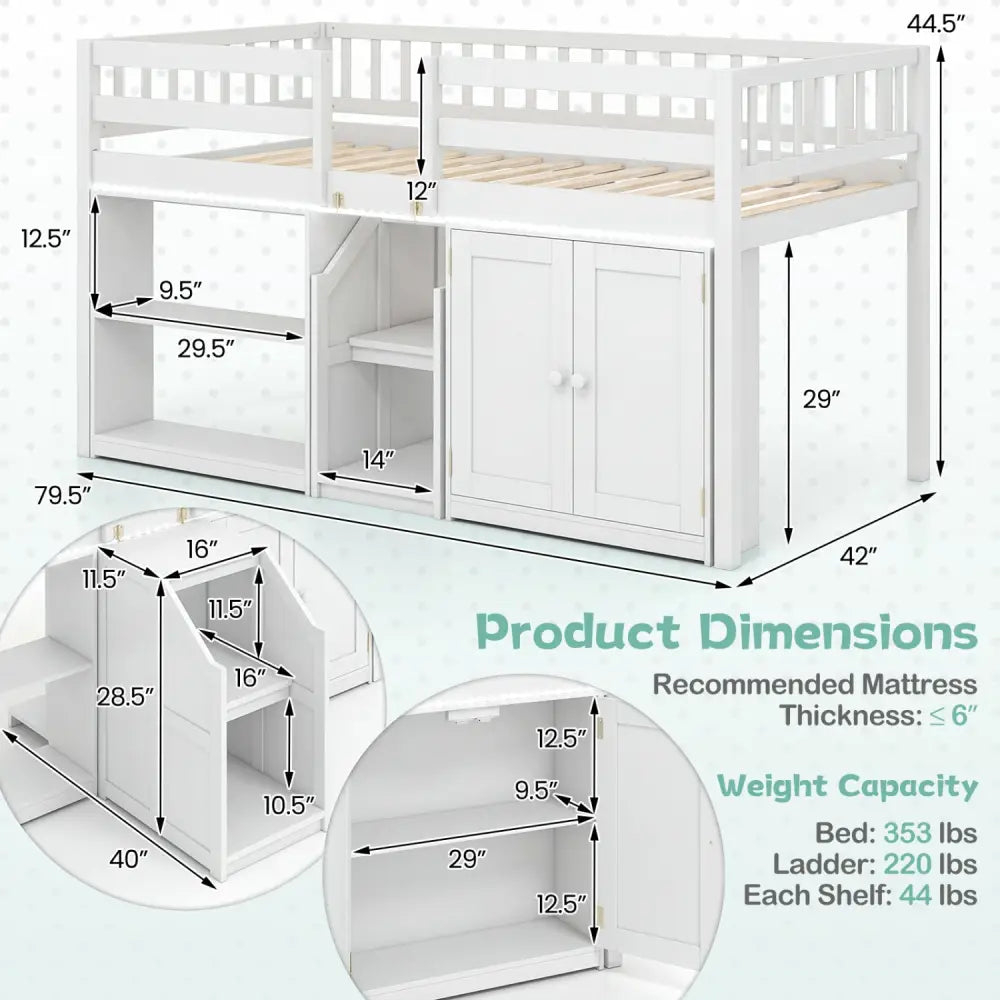 Twin Size Loft Bed with LED Lights and Kids Wooden Bed Frame-White - White - Bunk Bed Frame