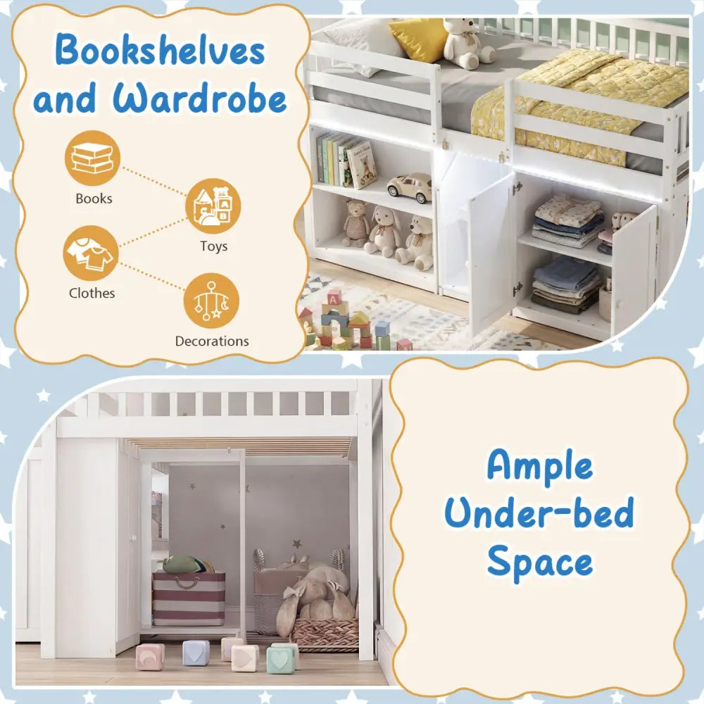 Twin Size Loft Bed with LED Lights and Kids Wooden Bed Frame-White - White - Bunk Bed Frame