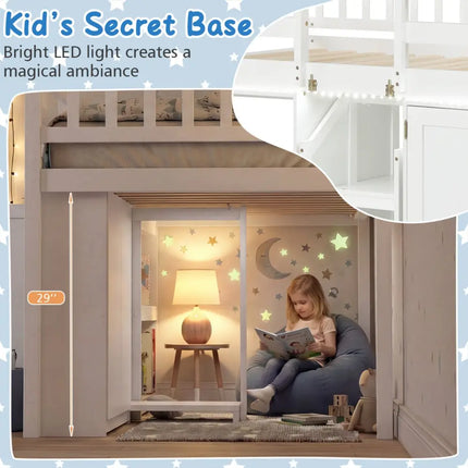 Twin Size Loft Bed with LED Lights and Kids Wooden Bed Frame-White - White - Bunk Bed Frame