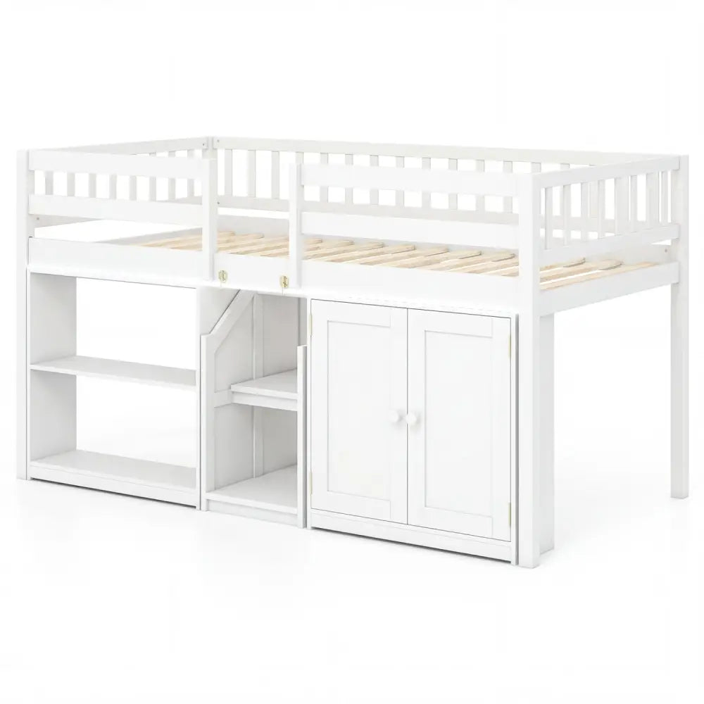 Twin Size Loft Bed with LED Lights and Kids Wooden Bed Frame-White - White - Bunk Bed Frame