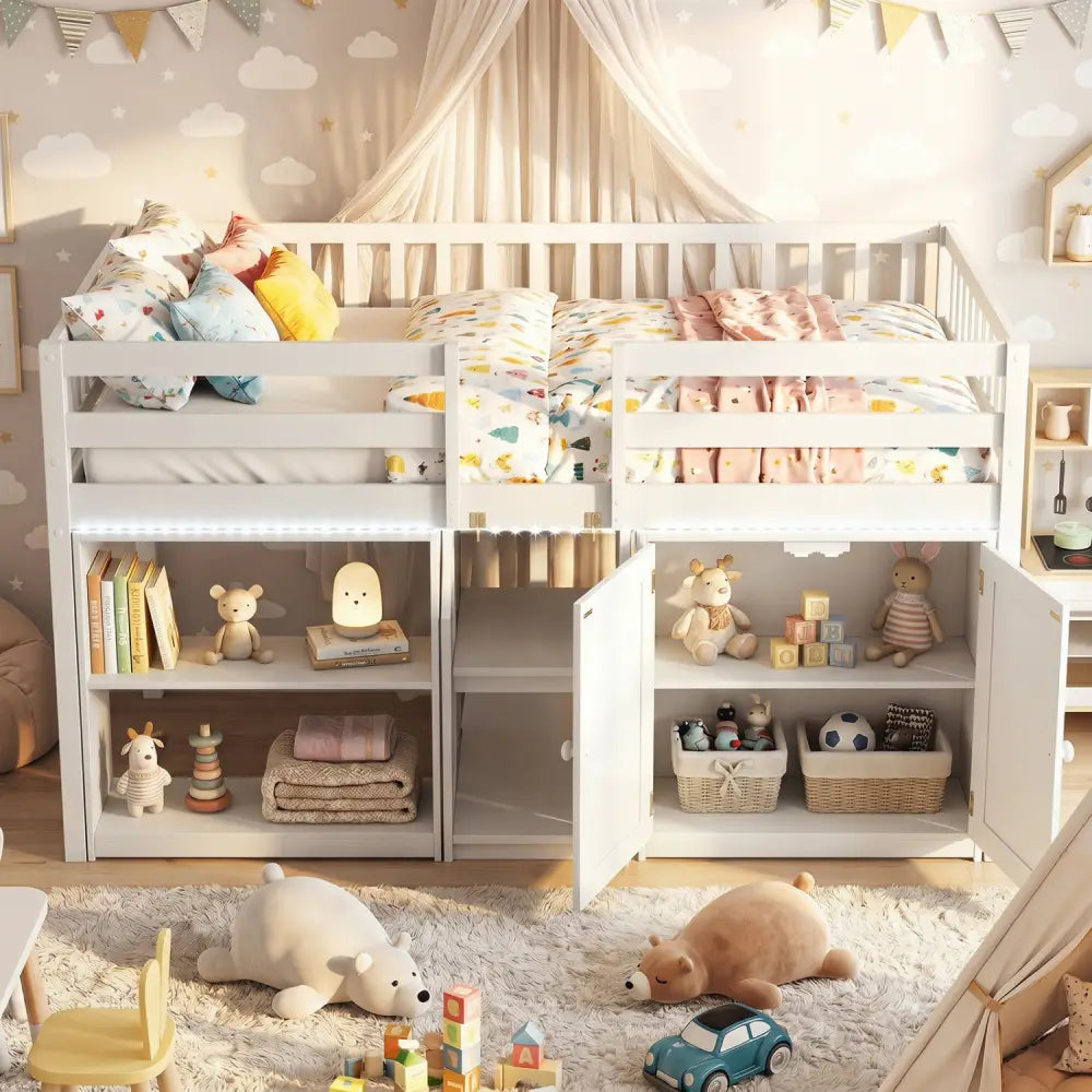 Twin Size Loft Bed with LED Lights and Kids Wooden Bed Frame-White - White - Bunk Bed Frame