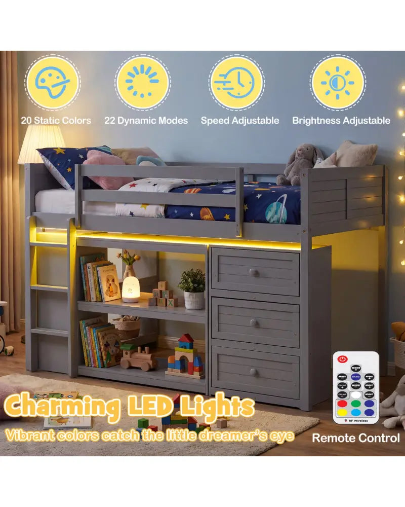 Twin Size Loft Bed with LED Lights and Underbed Space for Kids-Gray - Gray - Bunk Bed Frame