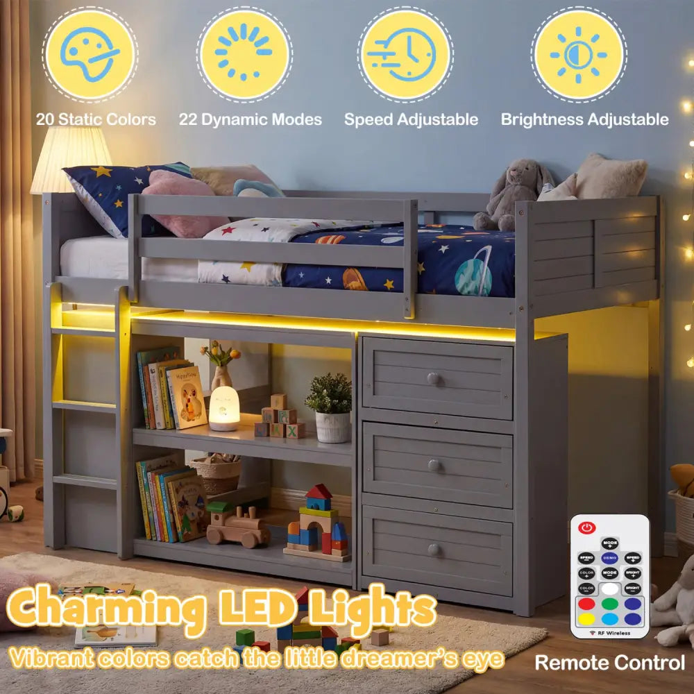 Twin Size Loft Bed with LED Lights and Underbed Space for Kids-Gray - Gray - Bunk Bed Frame